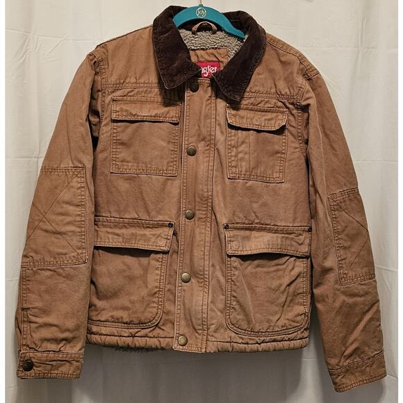 Wrangler Men's Canvas Work Jacket Sherpa Lining Corduroy Collar Brown Sz Small - Picture 1 of 10